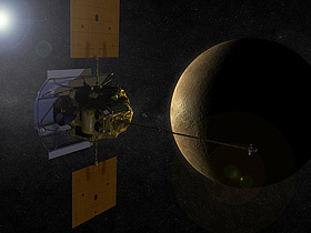 Rendering of the Messenger spacecraft approaching the planet Mercury. Courtesy of NASA.