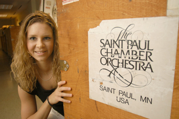 Stephanie Hill in front of door to the St. Paul orchestra practice room.