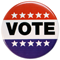 red, white, and blue button that says Vote
